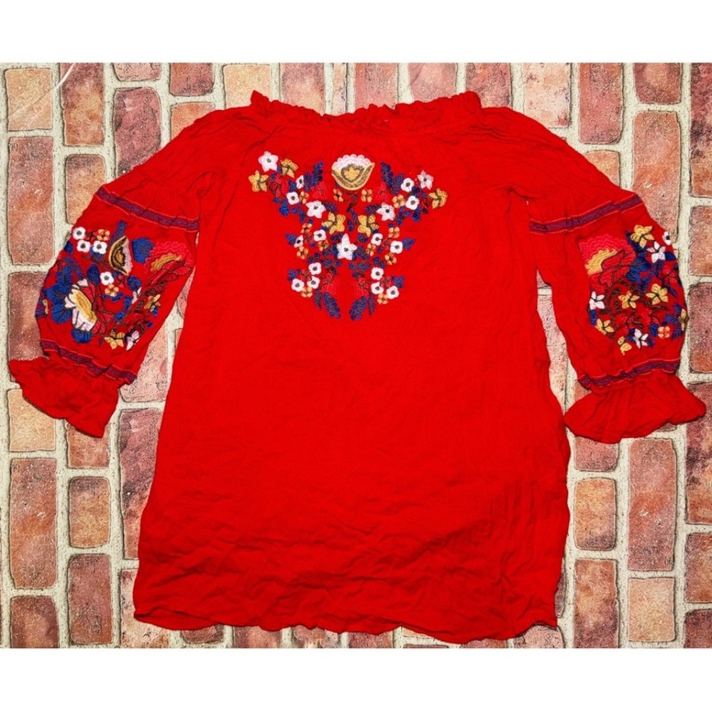 Pre-Owned R.Vivimos Floral Embroidered Off Shoulder Red Mini Dresses Size L